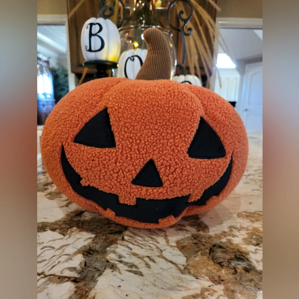 Sherpa Jack O Lantern Plush Pumpkin Pillow Halloween Decor NEW NWT - Picture 2 of 16